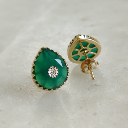 Natural Green Onyx & Diamond Stud Earrings, 14K Solid Yellow Gold Earrings, May April Birthstone Studs, Green Onyx Jewelry, Christmas Gift