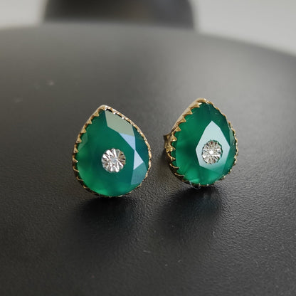 Natural Green Onyx & Diamond Stud Earrings, 14K Solid Yellow Gold Earrings, May April Birthstone Studs, Green Onyx Jewelry, Christmas Gift