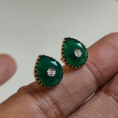 Natural Green Onyx & Diamond Stud Earrings, 14K Solid Yellow Gold Earrings, May April Birthstone Studs, Green Onyx Jewelry, Christmas Gift