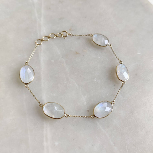 Natural Rainbow Moonstone Bracelet, 14K Yellow Gold Moonstone Bracelet, Chain Bracelet, Dainty Gemstone Bracelet, June Birthstone