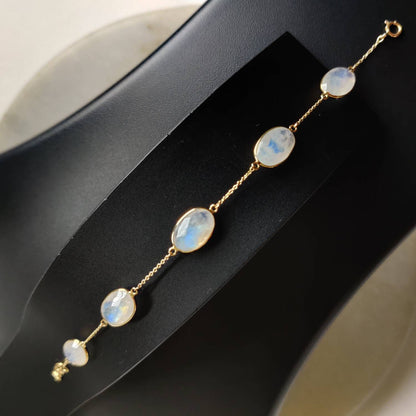 Natural Rainbow Moonstone Bracelet, 14K Yellow Gold Moonstone Bracelet, Chain Bracelet, Dainty Gemstone Bracelet, June Birthstone