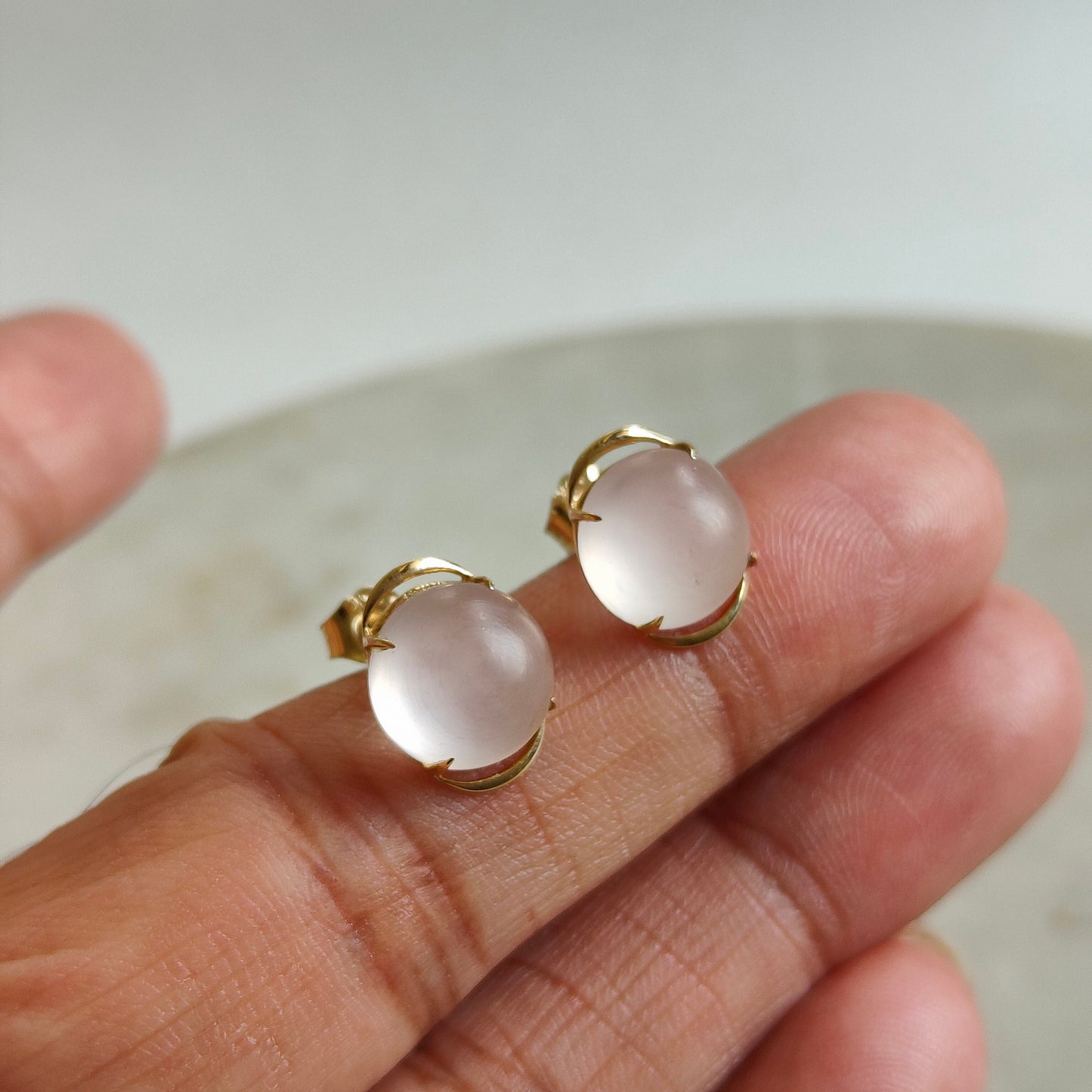 Natural Rose Quartz Stud Earrings, 14K Solid Yellow Gold Earrings, Frosted Rose Quartz Earrings, January Birthstone, Christmas Gift