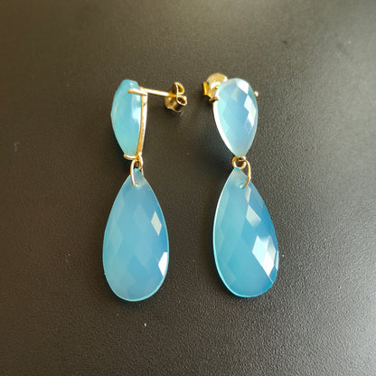 Pendientes de calcedonia azul en oro de 14 quilates, pendientes colgantes de calcedonia azul natural, pendientes de oro amarillo macizo de 14 quilates, piedra natal de marzo, regalo de Navidad