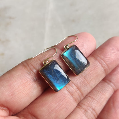 Natural Labradorite Earrings, 14K Solid Yellow Gold Earrings, August Birthstone Earrings, Blue Labradorite Jewelry, Christmas Present