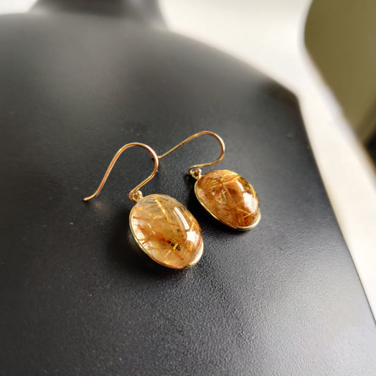 14K Golden Rutile Earrings, Natural Golden Rutile Earrings, 14K Solid Yellow Gold Earrings, April Birthstone, Drop Earrings, Christmas Gift