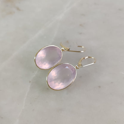 14K Gold Rose Quartz Earring, Natural Rose Quartz Earrings, 14K Solid Yellow Gold Earring, January Birthstone, Bezel Earring, Christmas Gift