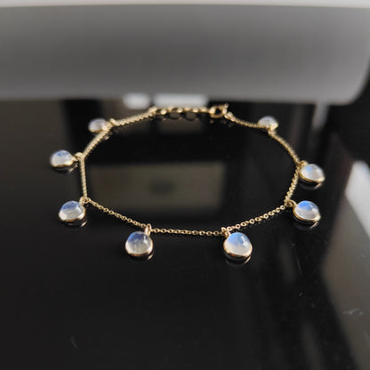 Natural Rainbow Moonstone Bracelet, 14K Yellow Gold Moonstone Bracelet, Chain Bracelet, Dainty Gemstone Bracelet, June Birthstone