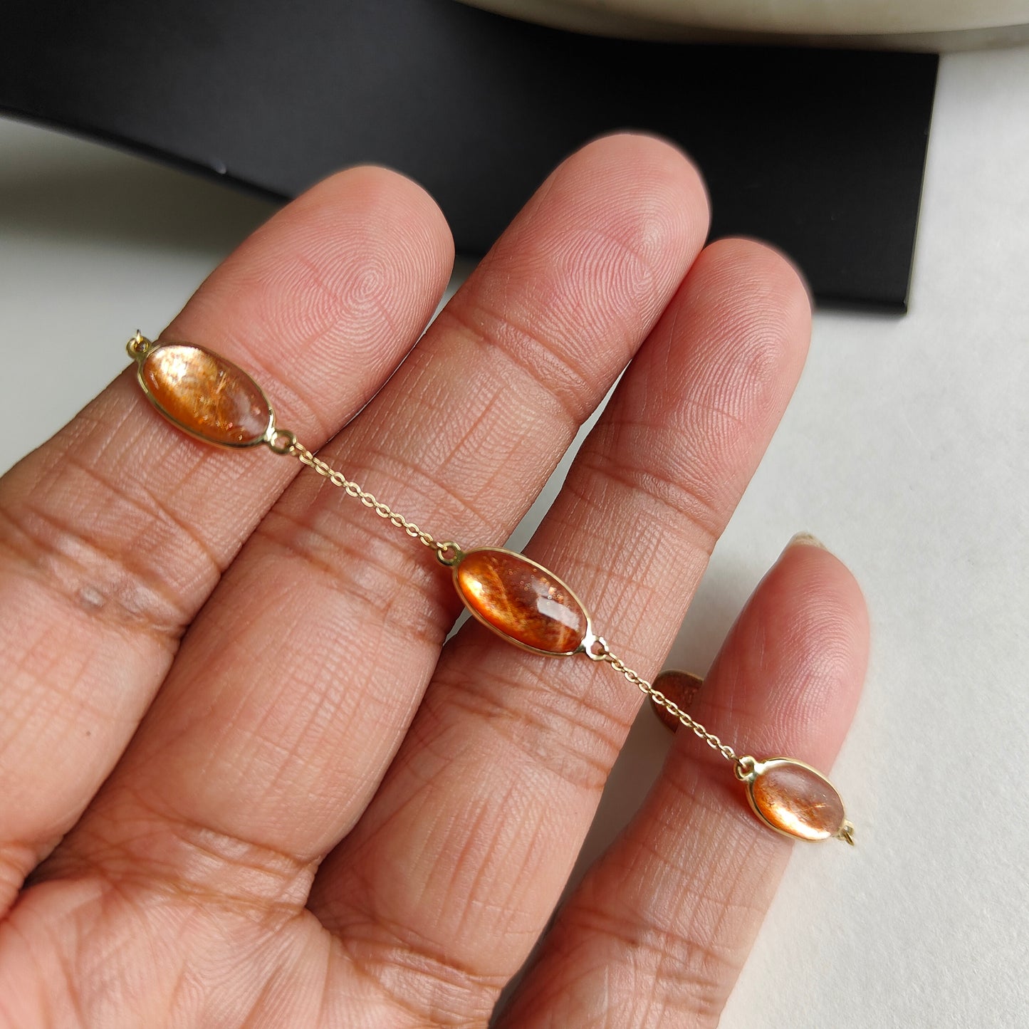 Natural Sunstone Bracelet, 14K Yellow Gold Sunstone Bracelet, Chain Bracelet, Dainty Bracelet, July Birthstone, Feldspar Crystal Bracelets