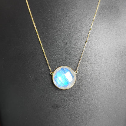 Natural Rainbow Moonstone Necklace, 14K Solid Gold Moonstone Pendant, Yellow Gold Necklace Pendant, Blue Moonstone Jewelry, June Birthstone