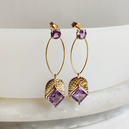 14K Gold Purple Amethyst Earrings, Natural Purple Amethyst Earrings, 14K Solid Yellow Gold Earrings, February Birthstone, Christmas Gift