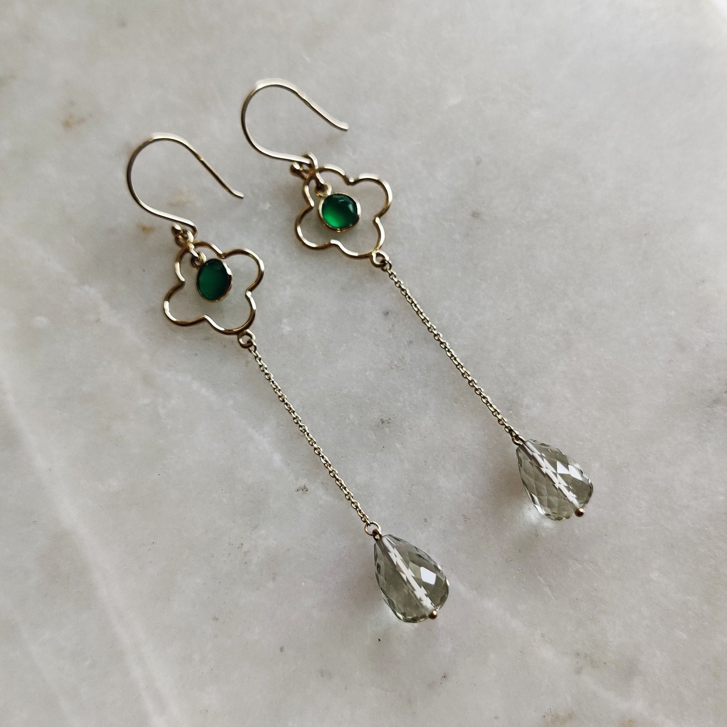 14K Gold Green Amethyst Earrings, Natural Green Amethyst & Onyx Earrings, 14K Solid Yellow Gold Earring, February Birthstone, Christmas Gift