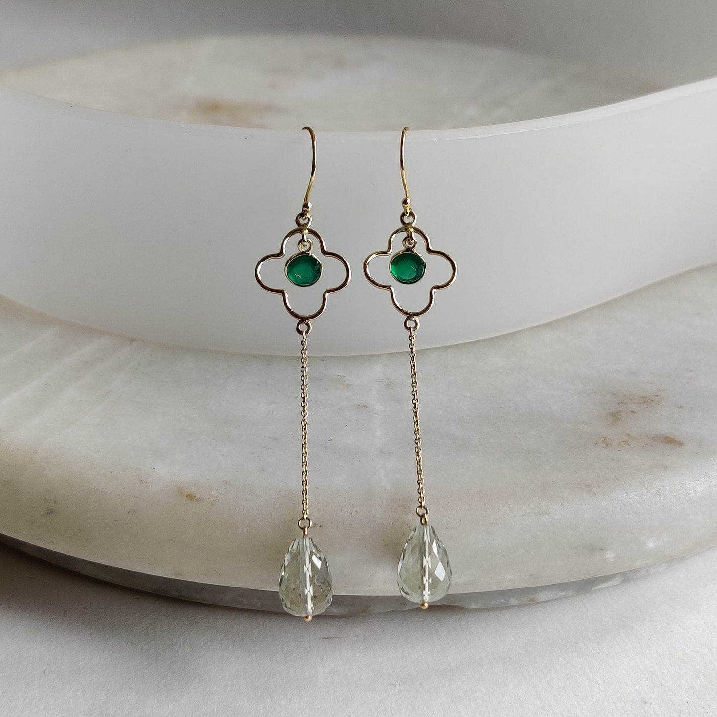 14K Gold Green Amethyst Earrings, Natural Green Amethyst & Onyx Earrings, 14K Solid Yellow Gold Earring, February Birthstone, Christmas Gift