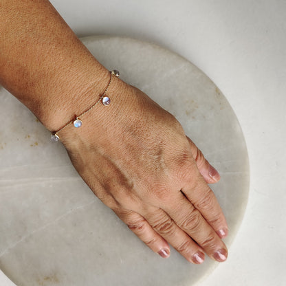 Natural Rainbow Moonstone Bracelet, 14K Yellow Gold Moonstone Bracelet, Chain Bracelet, Dainty Gemstone Bracelet, June Birthstone