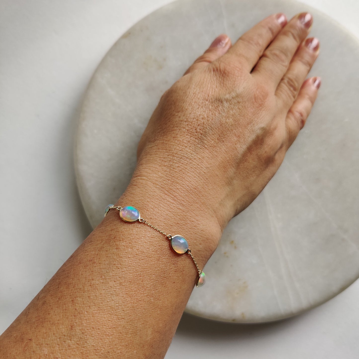 Natural Opal Bracelet, 14K Yellow Gold Ethiopian Opal Bracelet, Chain Bracelet, Dainty Bracelet, October Birthstone, Opal Jewelry