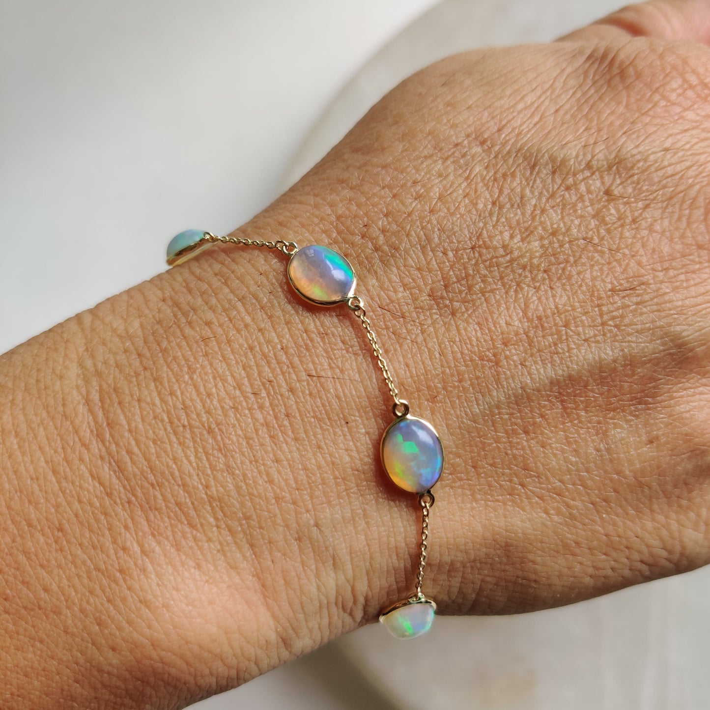 Natural Opal Bracelet, 14K Yellow Gold Ethiopian Opal Bracelet, Chain Bracelet, Dainty Bracelet, October Birthstone, Opal Jewelry