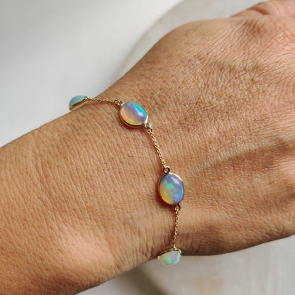 Natural Opal Bracelet, 14K Yellow Gold Ethiopian Opal Bracelet, Chain Bracelet, Dainty Bracelet, October Birthstone, Opal Jewelry