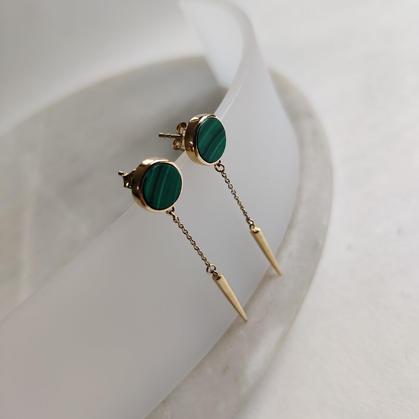 Natural Malachite Studs, 14K Solid Yellow Gold Malachite Earring, May Birthstone Earring, Anniversary Gift, Malachite Jewelry