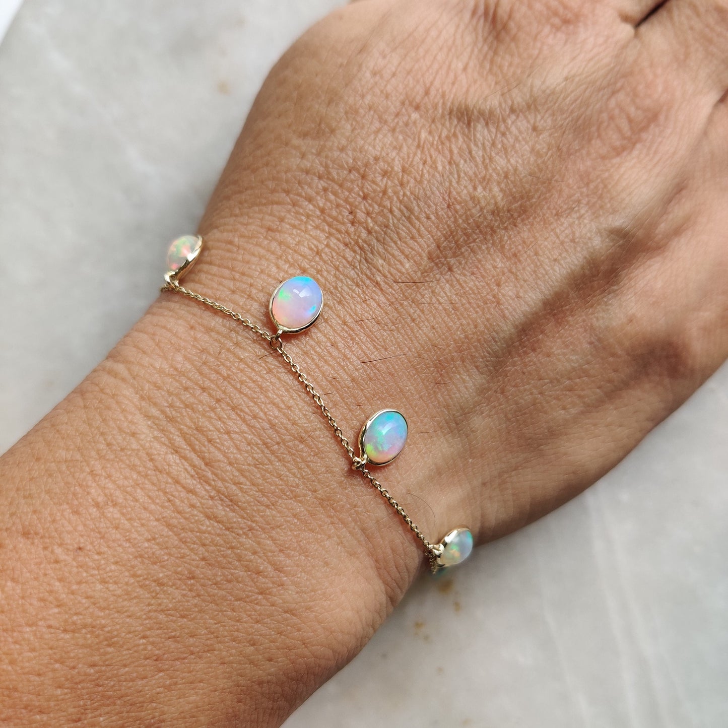 Natural Opal Bracelet, 14K Yellow Gold Opal Bracelet, Opal Chain Bracelet, Dainty Gemstone Bracelet, October Birthstone, Gold Bracelets