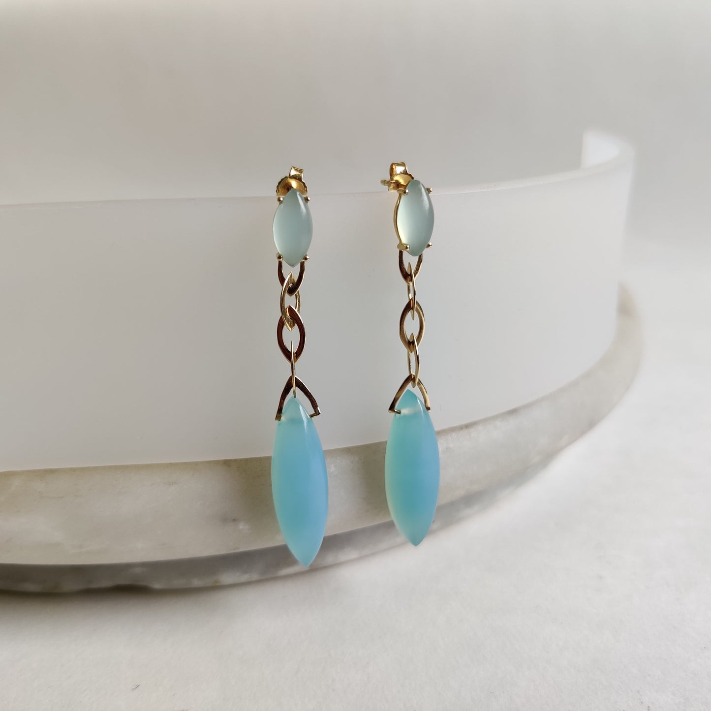 Natural Blue Chalcedony Earrings, 14K Solid Yellow Gold Earrings, March Birthstone Earrings, Chalcedony Earrings, Christmas Present