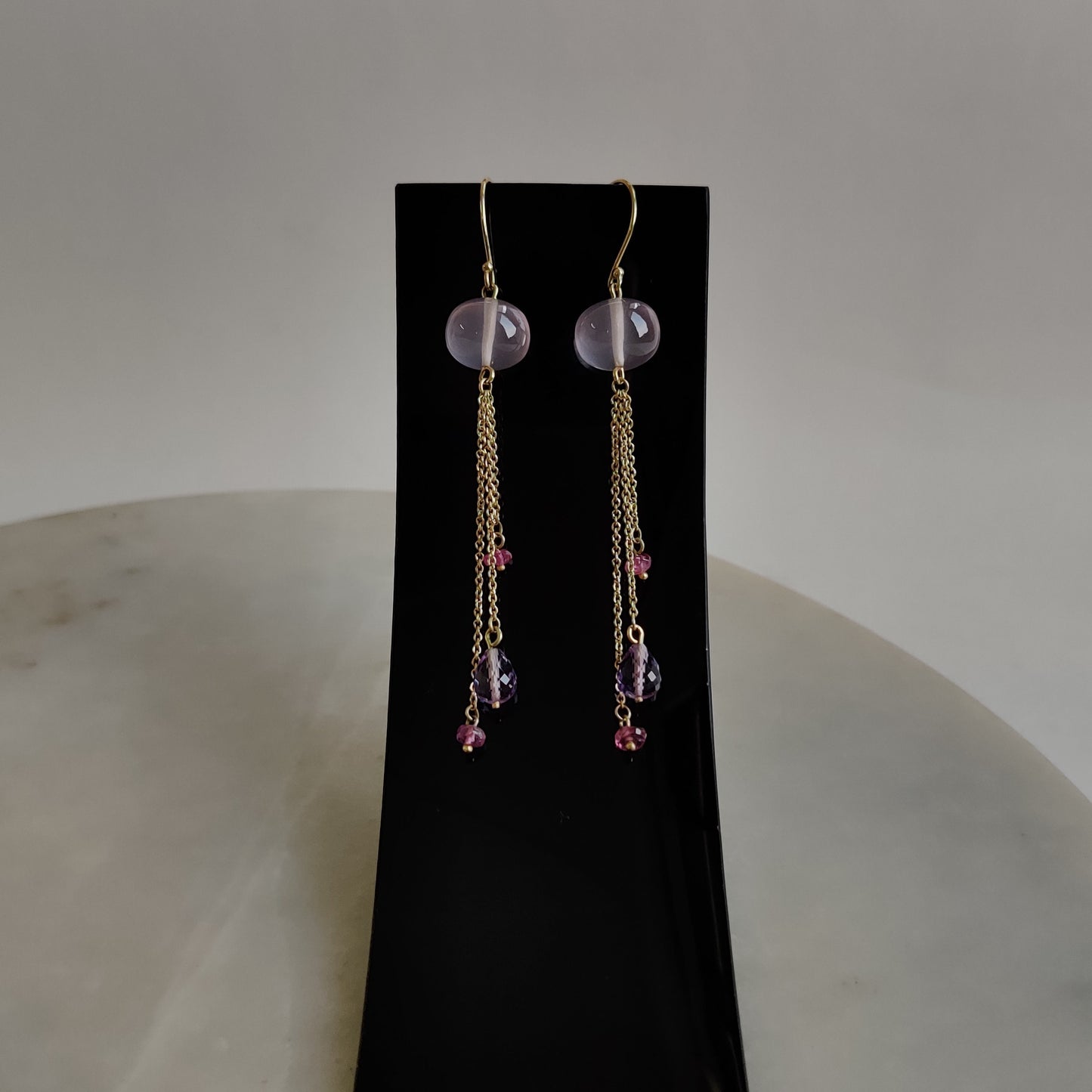 Pendientes de cuarzo rosa de oro de 14 quilates, pendientes de cuarzo rosa natural, pendientes de oro amarillo macizo de 14 quilates, piedra natal de enero, pendientes colgantes, regalo de Navidad