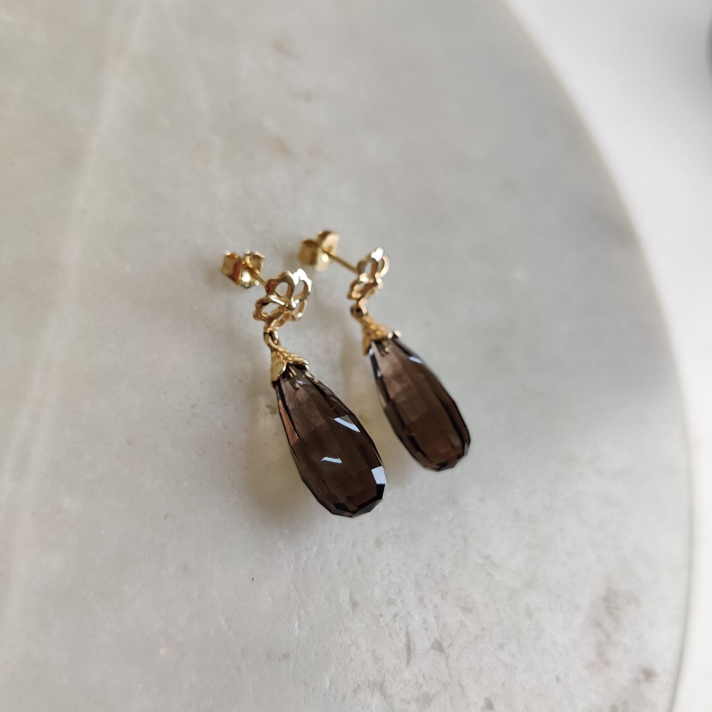 14K Gold Smoky Quartz Earrings, Natural Smoky Quartz Drop Earrings, 14K Solid Yellow Gold Earrings, June Birthstone, Dainty Earrings