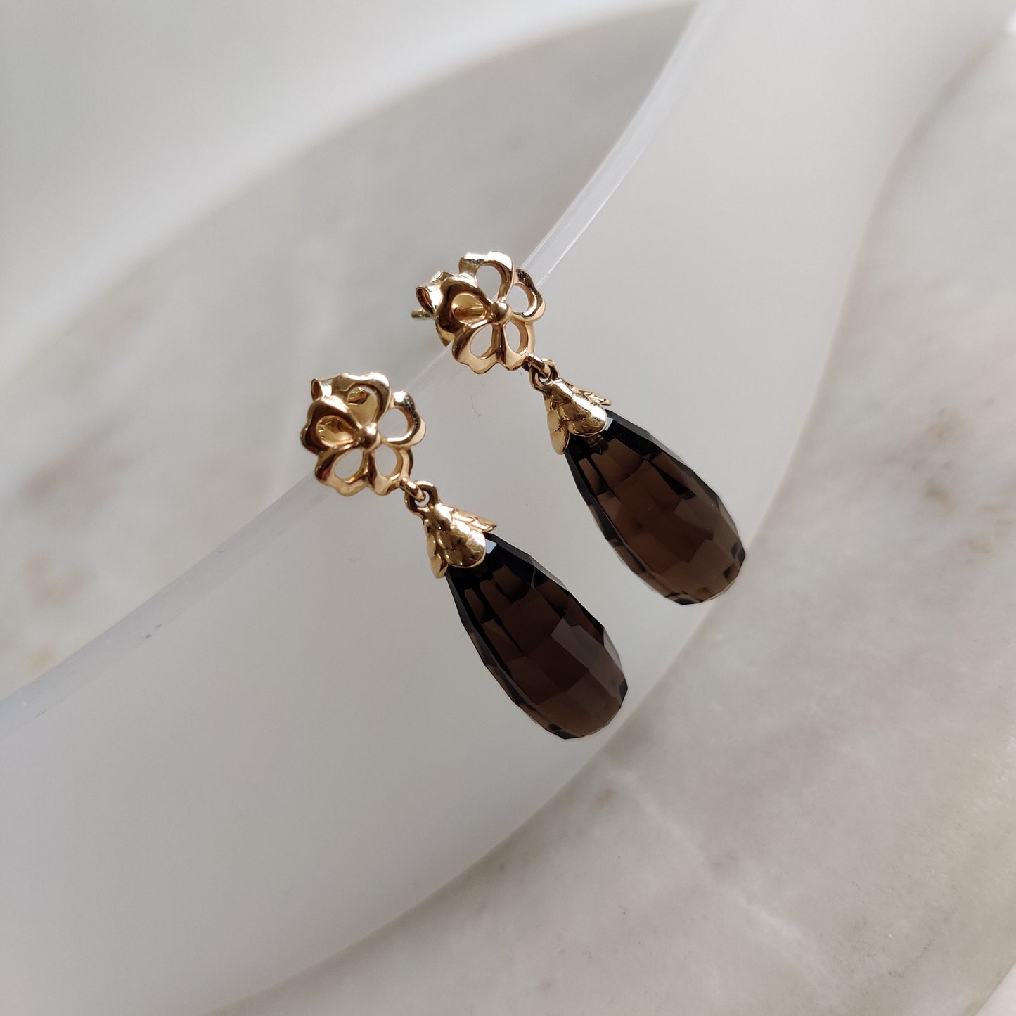 14K Gold Smoky Quartz Earrings, Natural Smoky Quartz Drop Earrings, 14K Solid Yellow Gold Earrings, June Birthstone, Dainty Earrings