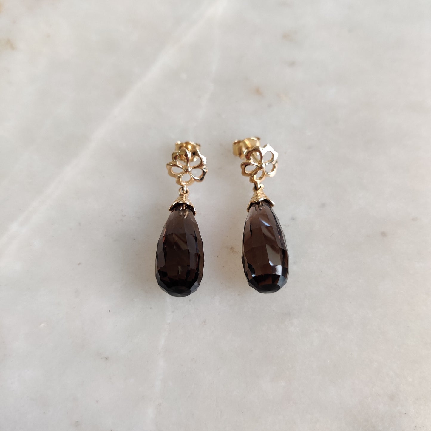 14K Gold Smoky Quartz Earrings, Natural Smoky Quartz Drop Earrings, 14K Solid Yellow Gold Earrings, June Birthstone, Dainty Earrings