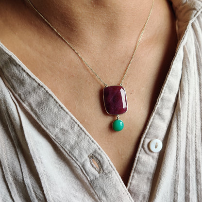 Natural Ruby Pendant, 14K Gold Ruby Chrysoprase Necklace, Solid Gold Pendant Necklace, July And June Birthstone, Christmas Present