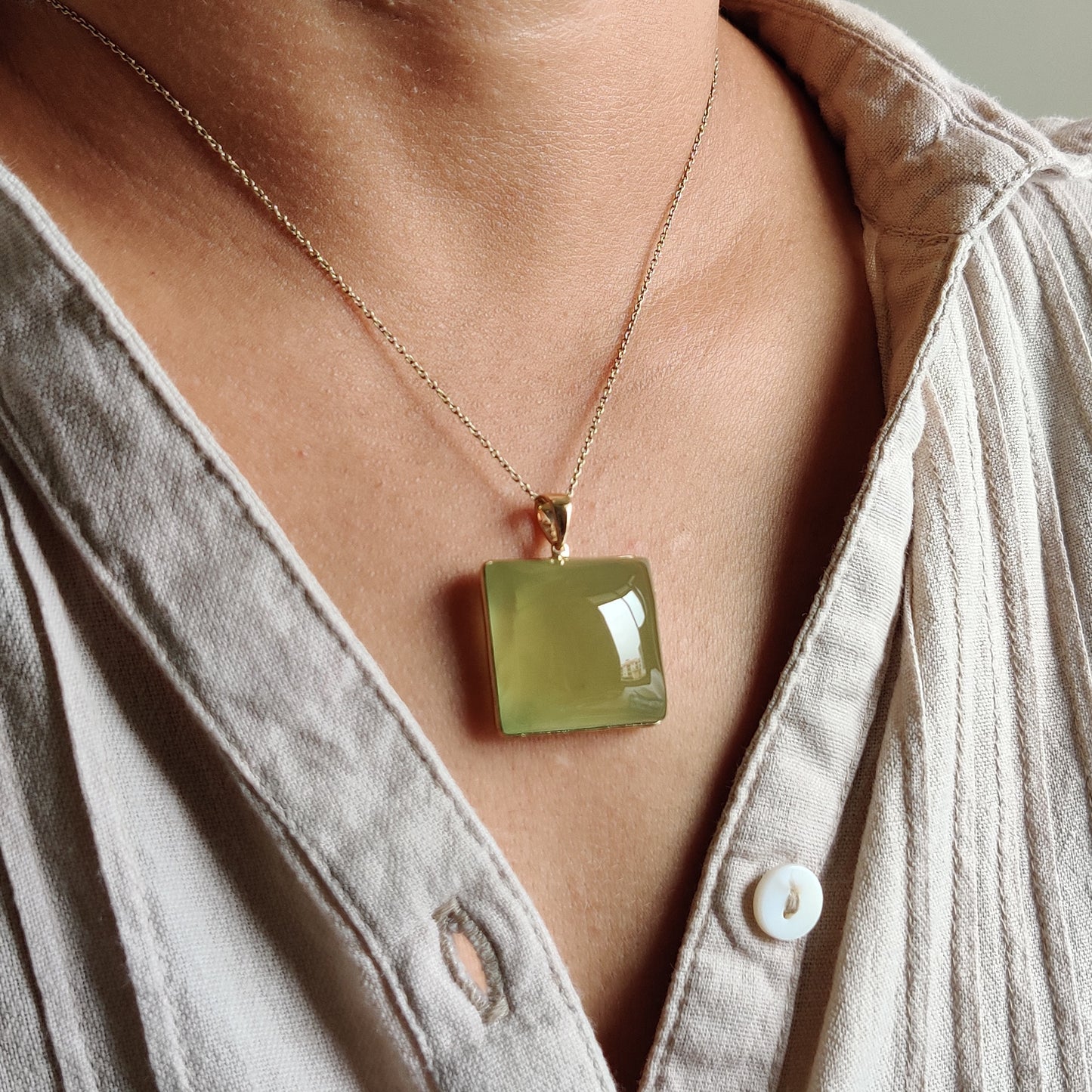 Natural Prehnite Pendant, 14K Solid Yellow Gold Prehnite Pendant, Gold Bezel Pendant, May June Birthstone, Birthday Gift, Prehnite Jewelry