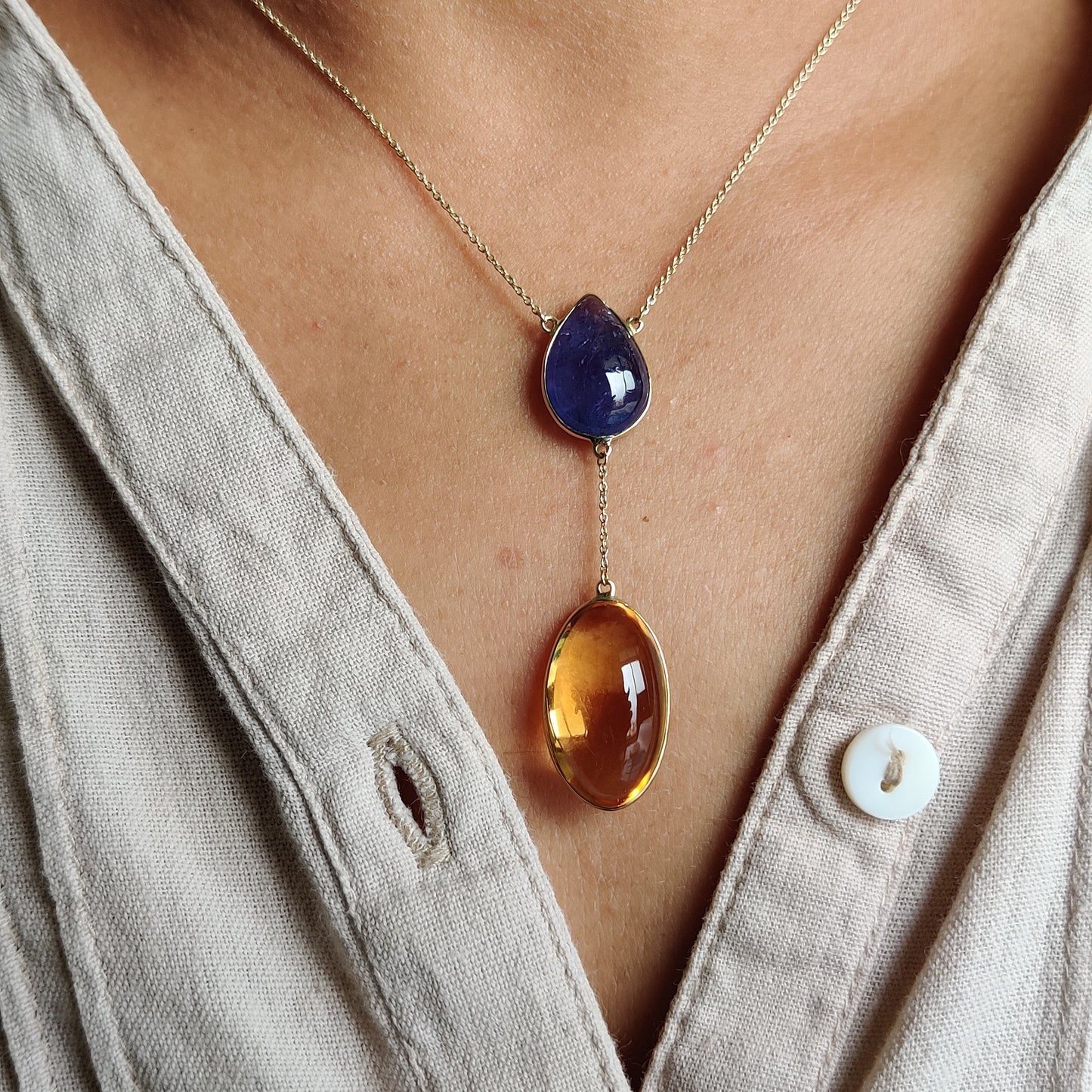 Natural Tanzanite Ctrine Necklace, 14K Yellow Gold Tanzanite Citrine Necklace, Citrine Tanzanite Necklace, November December Birthstone