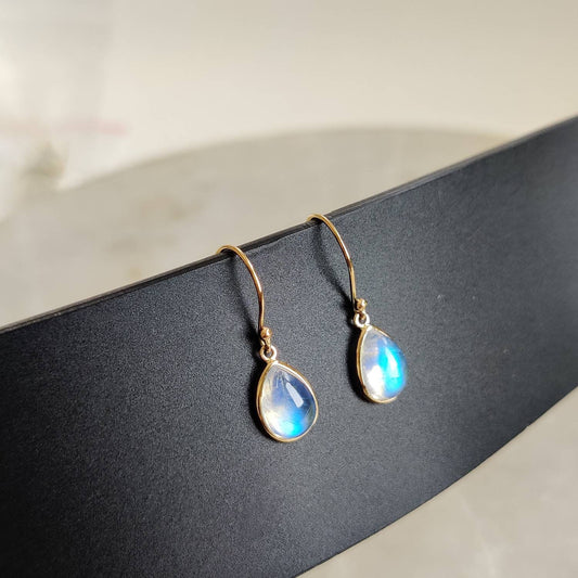 14K Gold Rainbow Moonstone Earrings, Natural Rainbow Moonstone Bezel Earring, 14K Solid Yellow Gold Earring, June Birthstone, Christmas Gift