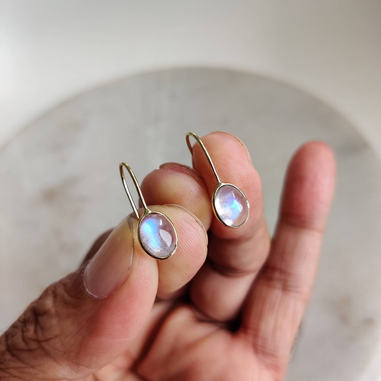 14K Gold Rainbow Moonstone Earrings, Natural Rainbow Moonstone Earrings, 14K Solid Yellow Gold Earring, June Birthstone, Bezel Earrings