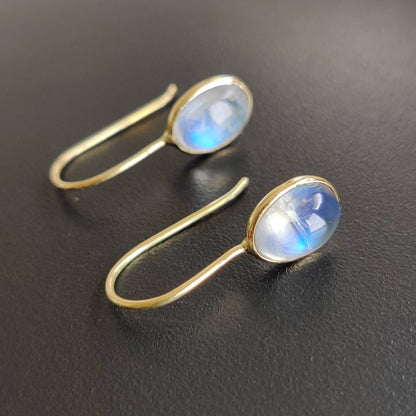 14K Gold Rainbow Moonstone Earrings, Natural Rainbow Moonstone Earrings, 14K Solid Yellow Gold Earring, June Birthstone, Bezel Earrings