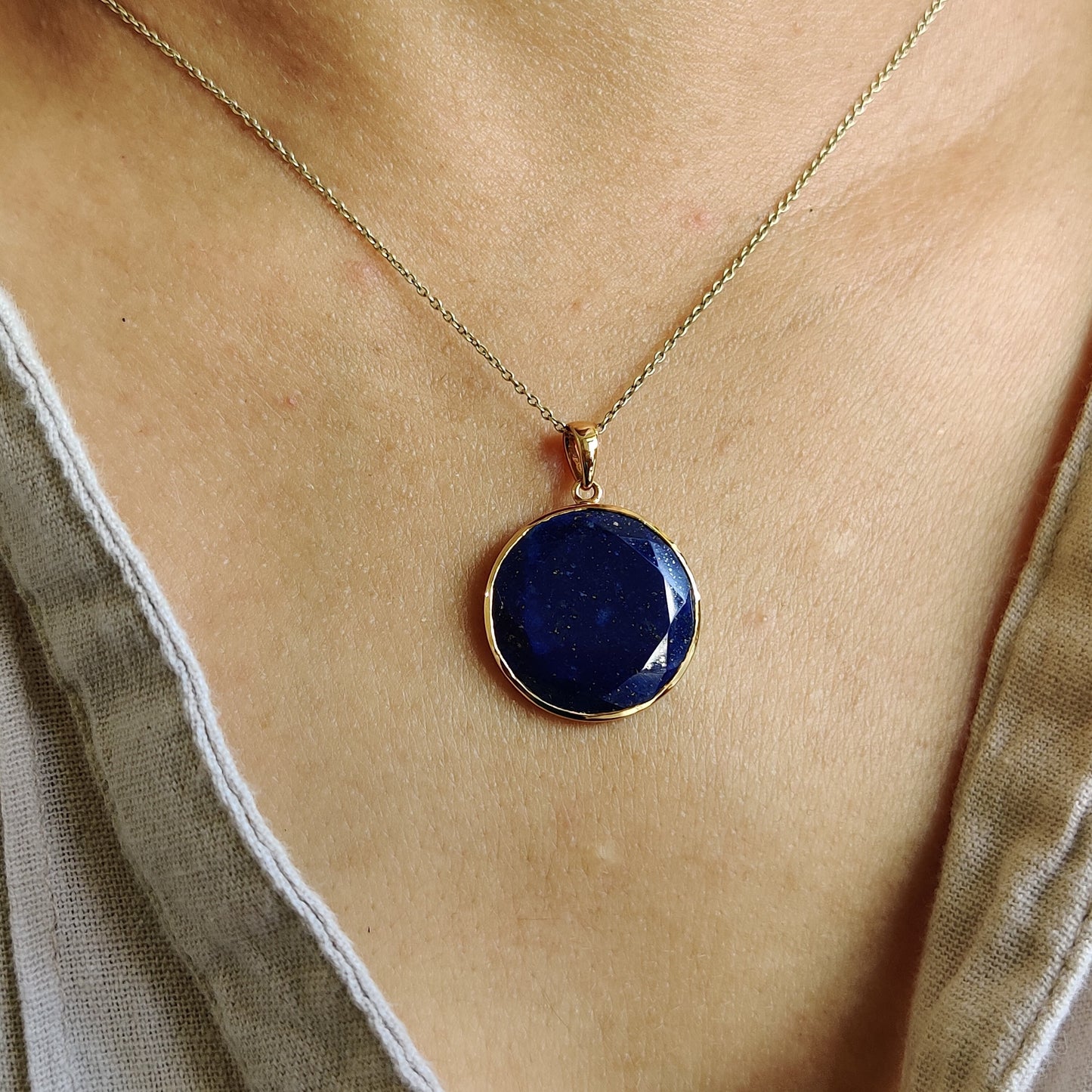 Natural Lapis Lazuli Pendant, 14K Yellow Gold Lapis Lazuli Pendant, Solid Gold Bezel Round Pendant, September Birthstone, Anniversary Gift