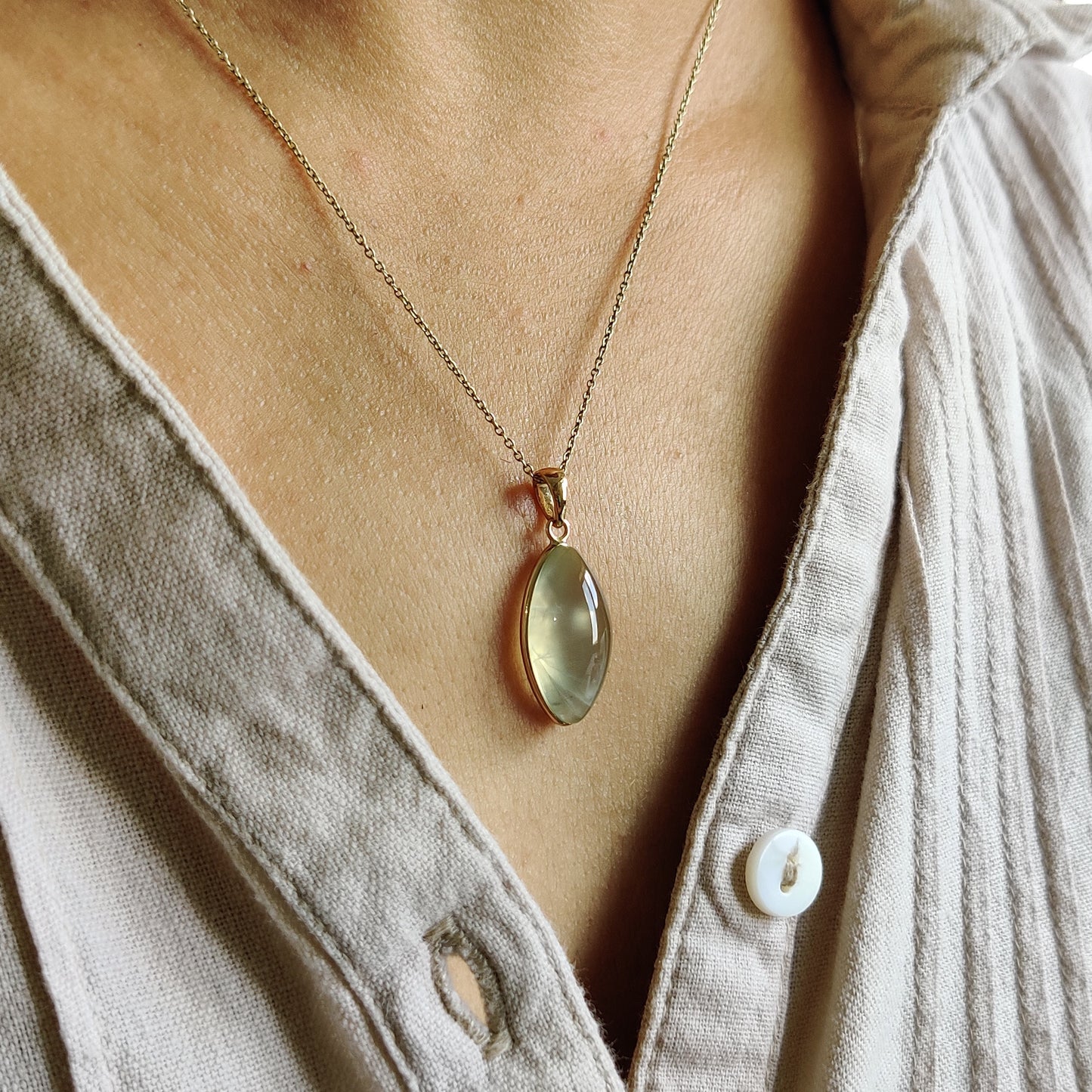 Natural Prehnite Pendant, 14K Solid Gold Prehnite Pendant, Solid Gold Pendant Necklace, May June Birthstone, Birthday Gift, Prehnite Jewelry