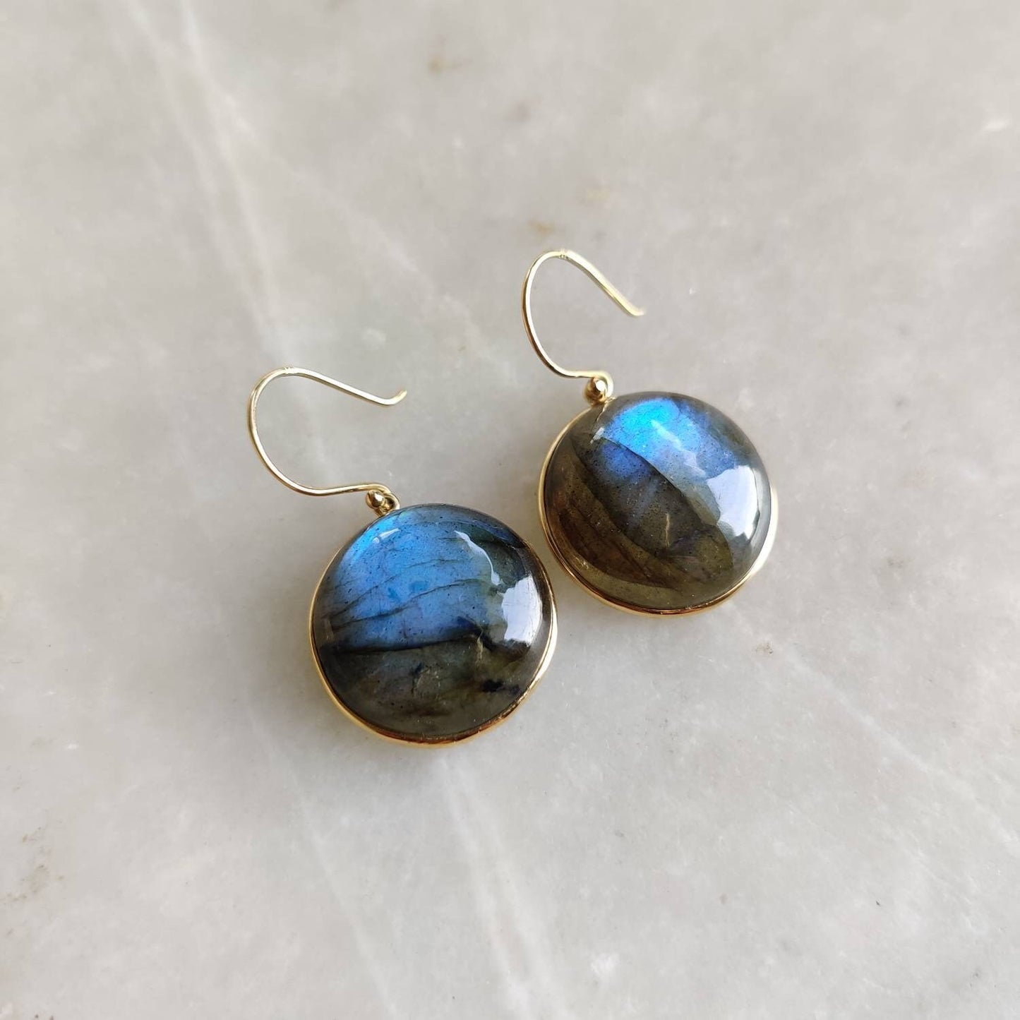 Natural Labradorite Earrings, 14K Solid Yellow Gold Labradorite Earrings, Bezel Earrings, August Birthstone Earrings, Labradorite Jewelry