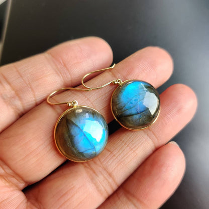 Natural Labradorite Earrings, 14K Solid Yellow Gold Labradorite Earrings, Bezel Earrings, August Birthstone Earrings, Labradorite Jewelry