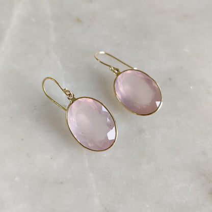 14K Gold Rose Quartz Earrings, Natural Rose Quartz Earring, 14K Solid Yellow Gold Earring, January Birthstone, Drop Earrings, Christmas Gift