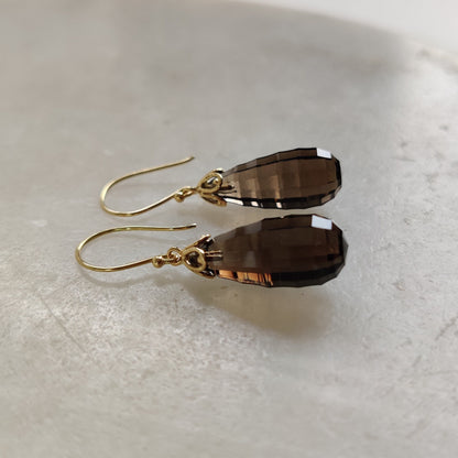 14K Gold Smoky Quartz Earrings, Natural Smoky Quartz Earrings, 14K Solid Yellow Gold Earrings, June Birthstone, Drop Earrings