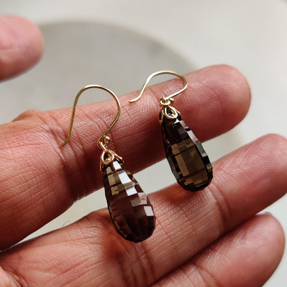 14K Gold Smoky Quartz Earrings, Natural Smoky Quartz Earrings, 14K Solid Yellow Gold Earrings, June Birthstone, Drop Earrings