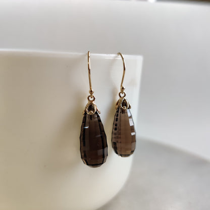 14K Gold Smoky Quartz Earrings, Natural Smoky Quartz Earrings, 14K Solid Yellow Gold Earrings, June Birthstone, Drop Earrings