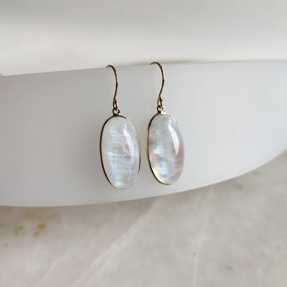 14K Gold Rainbow Moonstone Earrings, Natural Rainbow Moonstone Bezel Earring, 14K Solid Yellow Gold Earring, June Birthstone, Christmas Gift