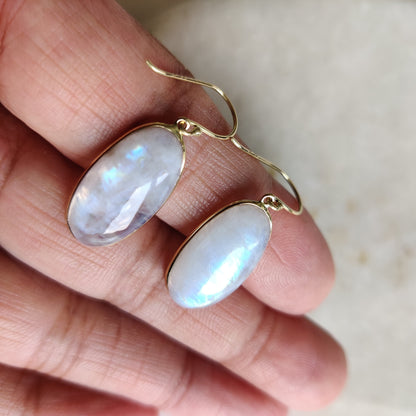 14K Gold Rainbow Moonstone Earrings, Natural Rainbow Moonstone Bezel Earring, 14K Solid Yellow Gold Earring, June Birthstone, Christmas Gift