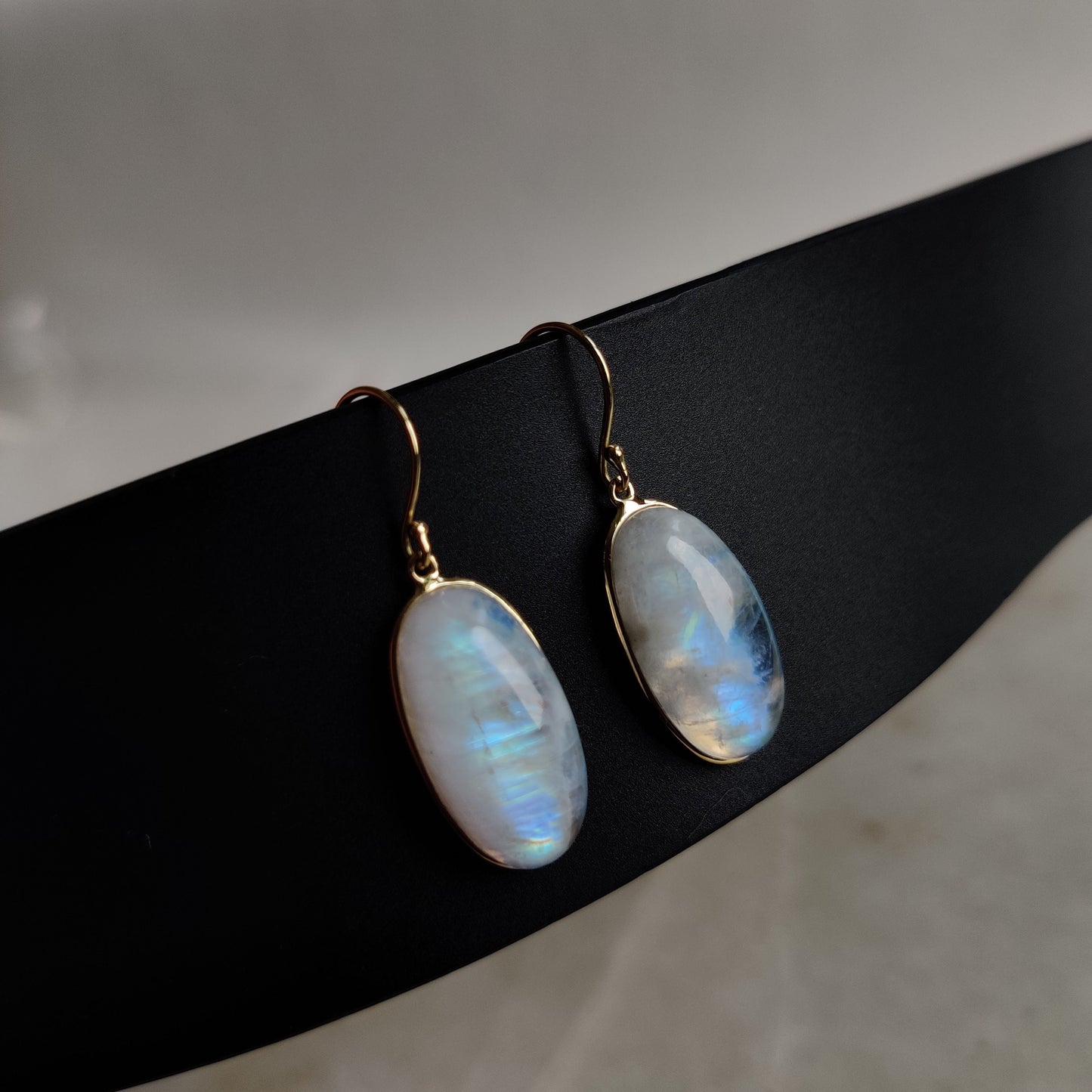 14K Gold Rainbow Moonstone Earrings, Natural Rainbow Moonstone Bezel Earring, 14K Solid Yellow Gold Earring, June Birthstone, Christmas Gift