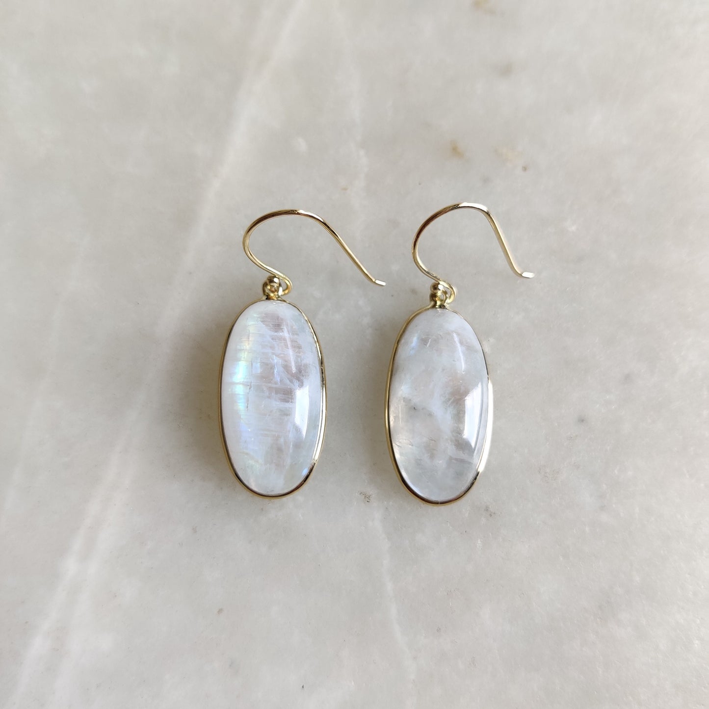 14K Gold Rainbow Moonstone Earrings, Natural Rainbow Moonstone Bezel Earring, 14K Solid Yellow Gold Earring, June Birthstone, Christmas Gift