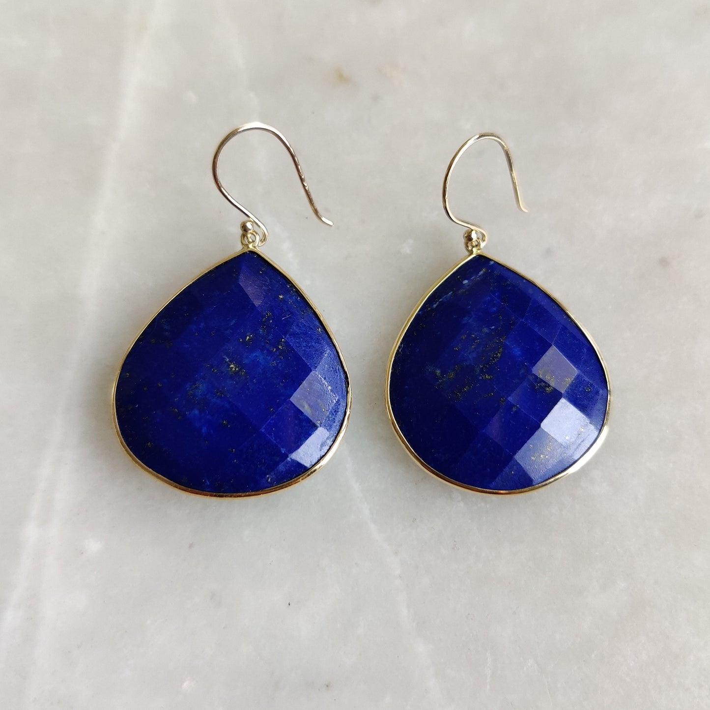 Natural Lapis Lazuli Earrings, 14K Solid Yellow Gold Earrings, Bezel Set Earrings, September Birthstone Drop Earrings, Christmas Present