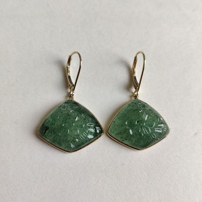 14K Gold Green Aventurine Carving Earring, Aventurine Earrings, 14K Solid Yellow Gold Earrings, May Birthstone, Strawberry Quartz Earrings,