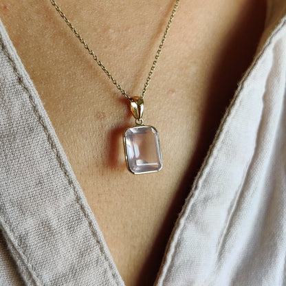 Natural Rose Quartz Pendant, 14K Solid Gold Rose Quartz Pendant, Rose Quartz Octagon Bezel Pendant, January Birthstone, Christmas Gift