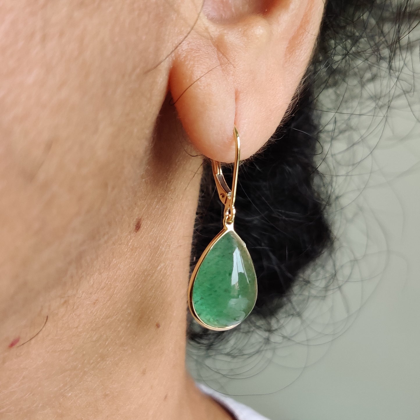 14K Gold Green Aventurine Earring, Strawberry Quartz Earrings, 14K Solid Yellow Gold Earrings, May Birthstone, Aventurine Jewelry