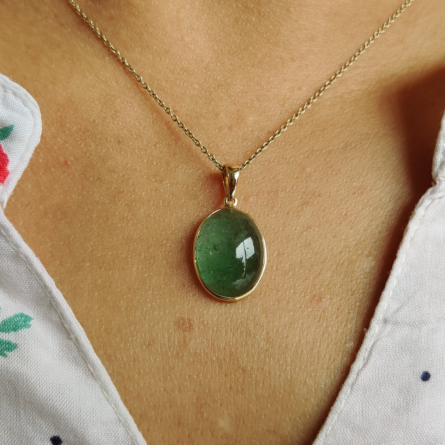 14K Gold Green Aventurine Pendant, Strawberry Quartz Bezel Pendant, 14K Solid Yellow Gold Pendant, Green Aventurine Jewelry, May Birthstone